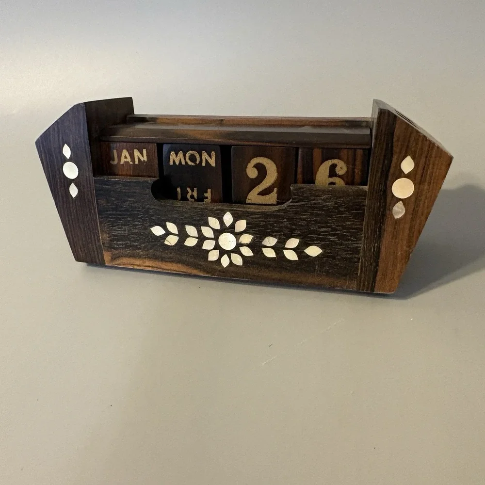 Vintage Wood and Mother of Pearl Perpetual Desk Calendar Solid Handmade MCM